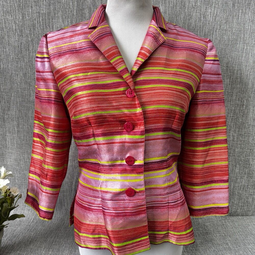 Dressbarn Striped Blazer jacket size 8 Pink lime green faux silk dupioni texture